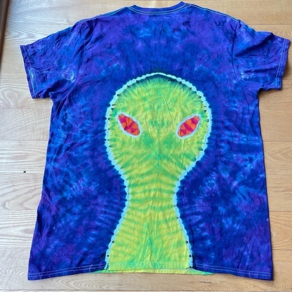 Tie dye double design UFO tractor beam and alien tshirt unisex 2XL crew blue - Picture 7 of 8